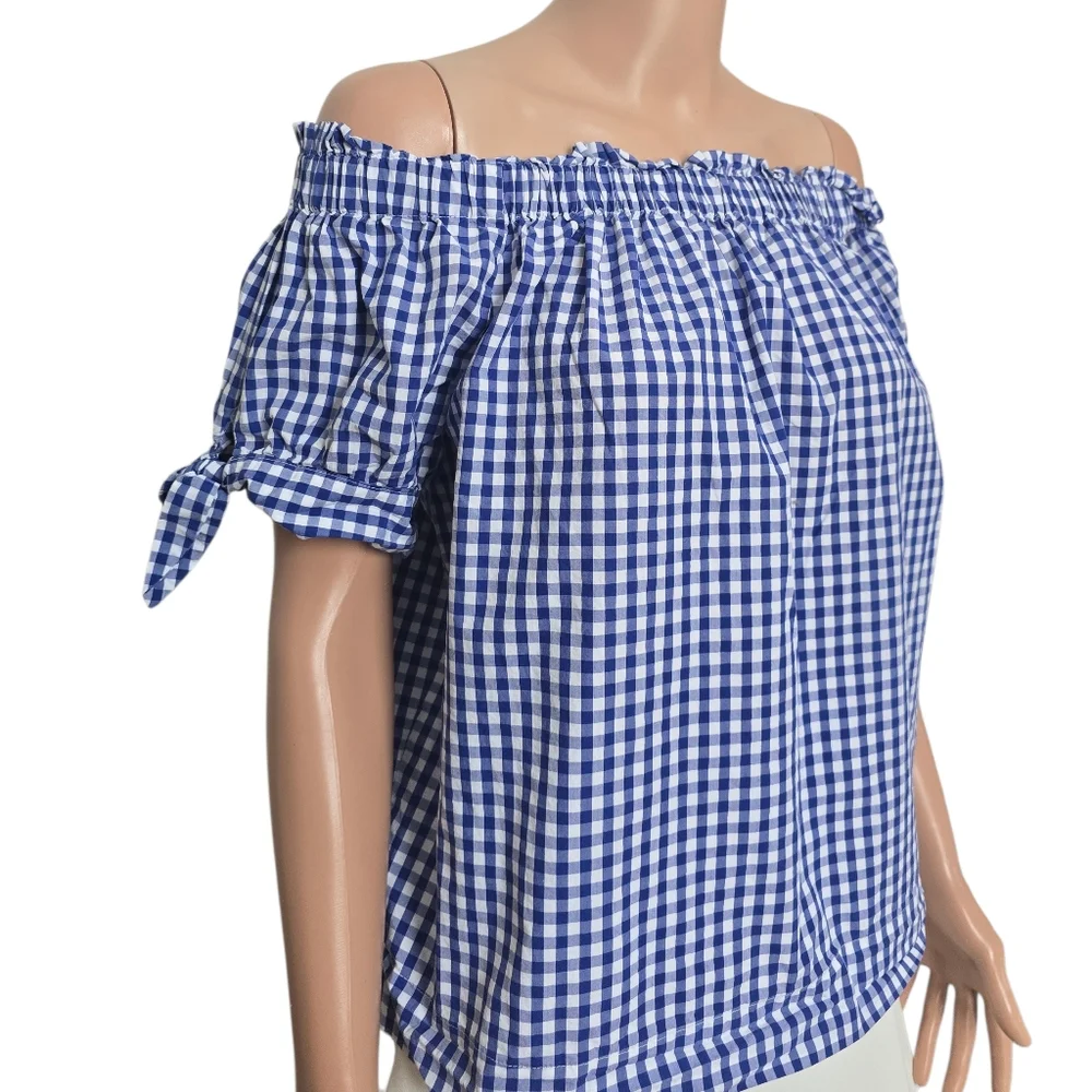 J.Crew Off the Shoulder Top in Gingham Blue Sapphire White Cotton Tie Knots
